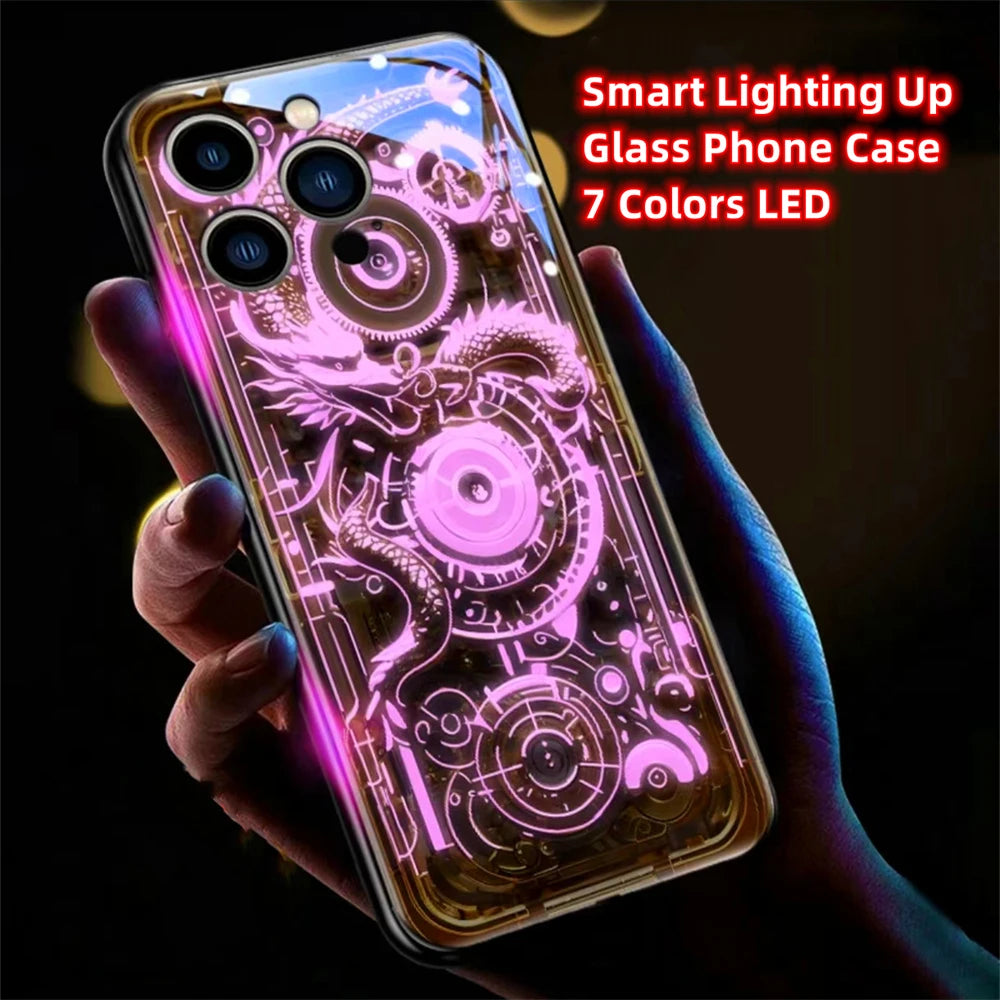 Luxury wood grain dragon luminous glass led call light up flash phone case for iphone air 17 16 e 15 14 13 12 11 pro