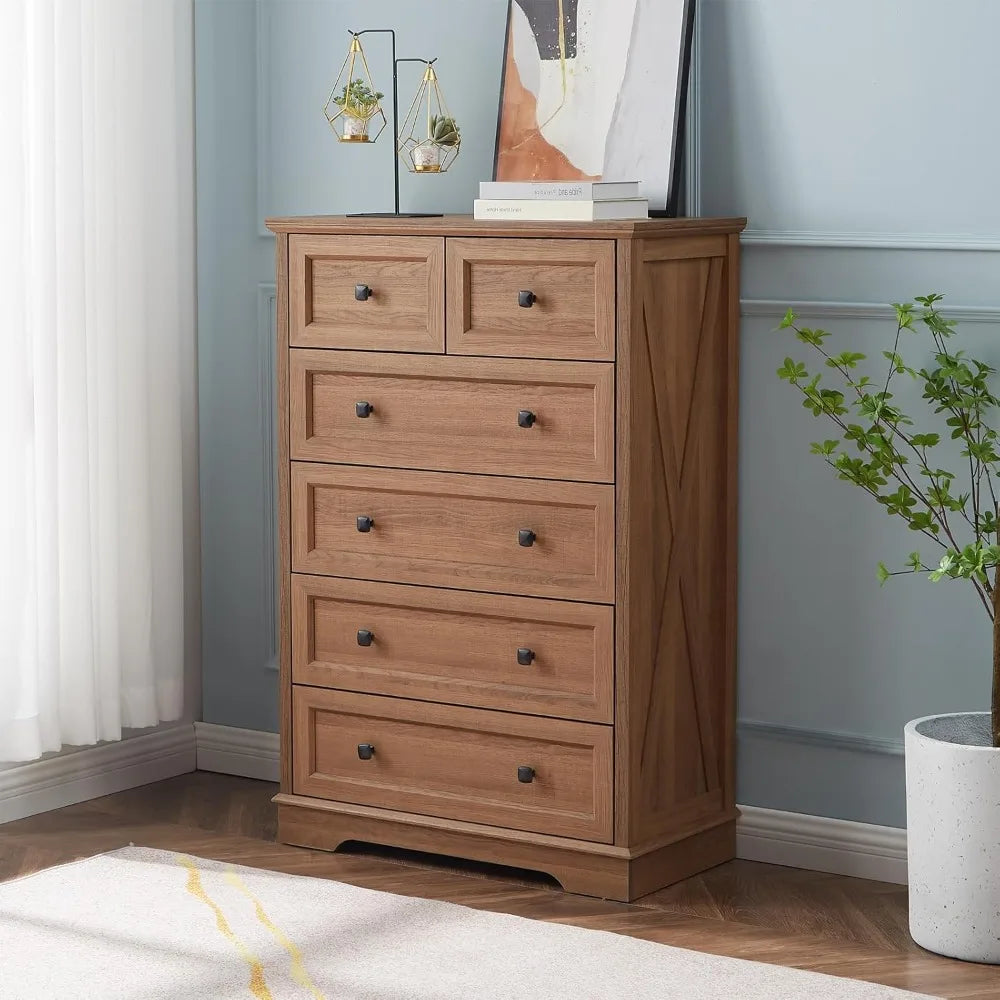 Farmhouse dresser for bedroom with 6 deep drawers modern tall chest of natural oak wood storage organizer d