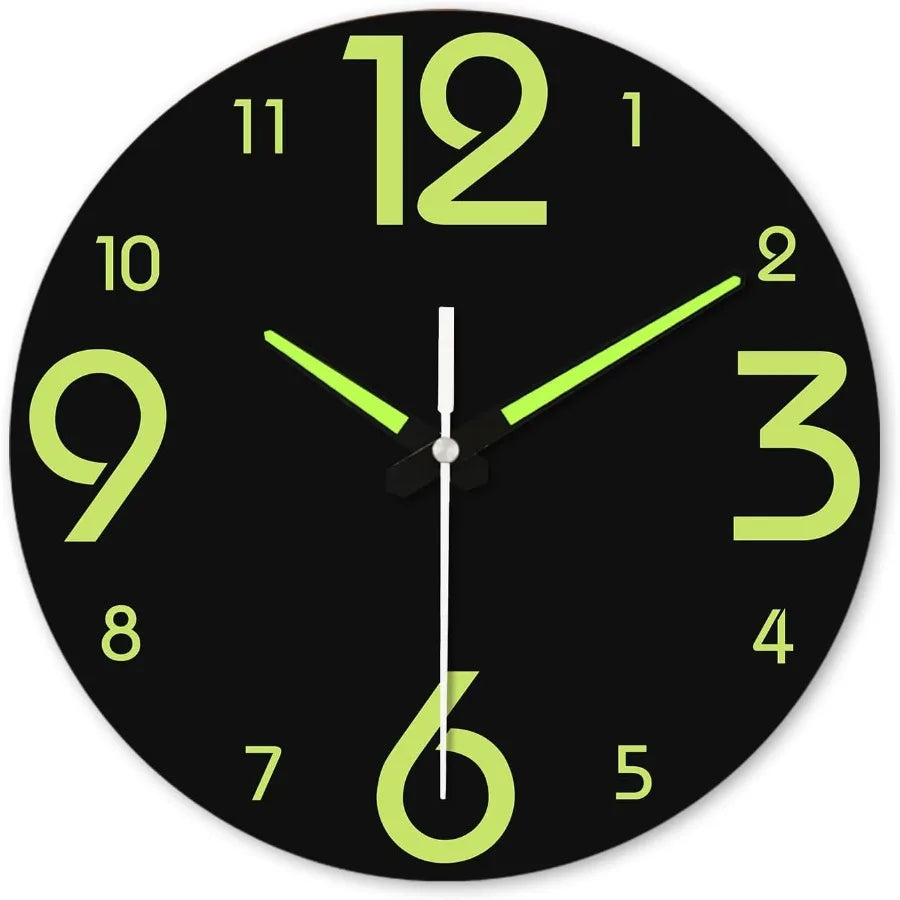 Glow in the dark clock 12 inch modern silent non ticking lumino wall clocks battery operated night light wooden