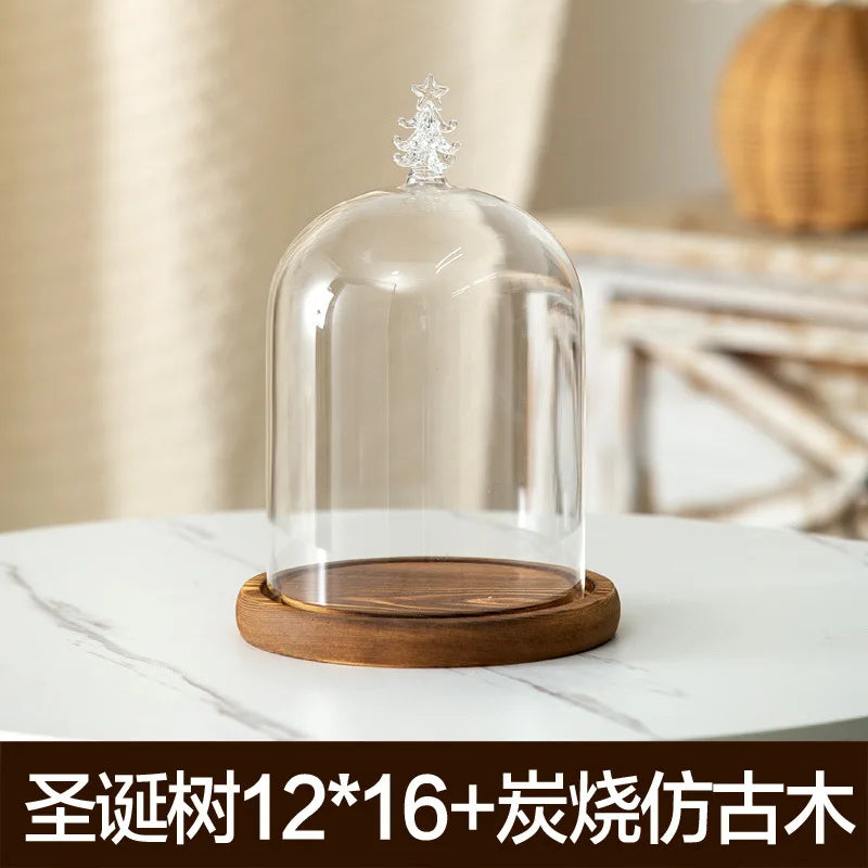 Aromatherapy candle holder ornaments dust-proof glass cover wooden base display box home decoration - christmas tree