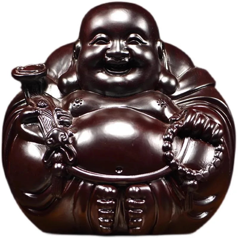 Handcrafted black sandalwood laughing buddha statue - happy maitreya figurine feng shui gift for good luck & harmony