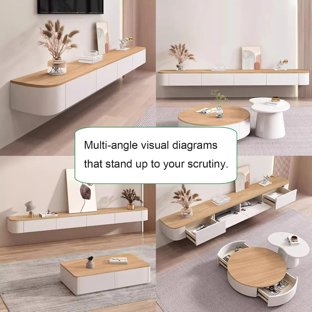 Floating tv stand large shelves wall mounted multi storage compartment tvs media console cabinet bench