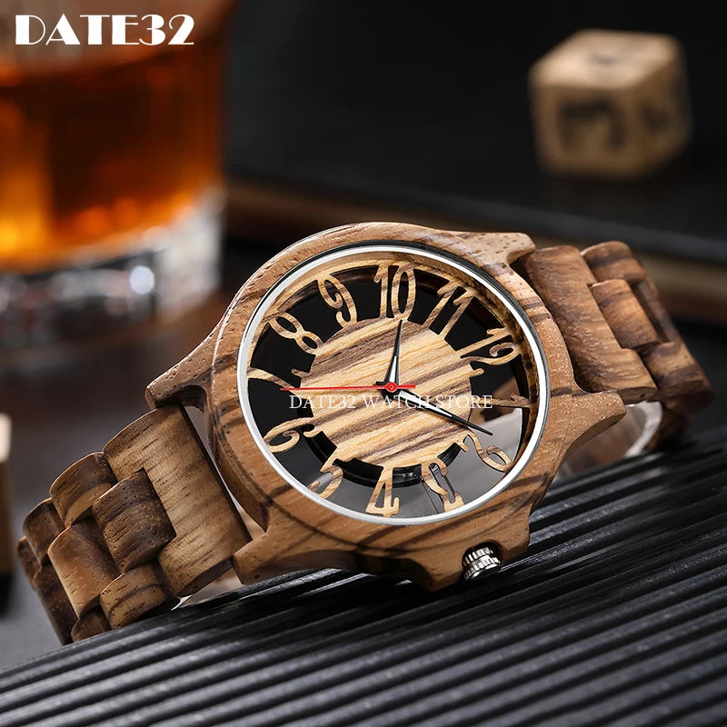 Natural bamboo wood watch for men full-wooden hollow case band watches man quartz wristwatch real wooden clock male