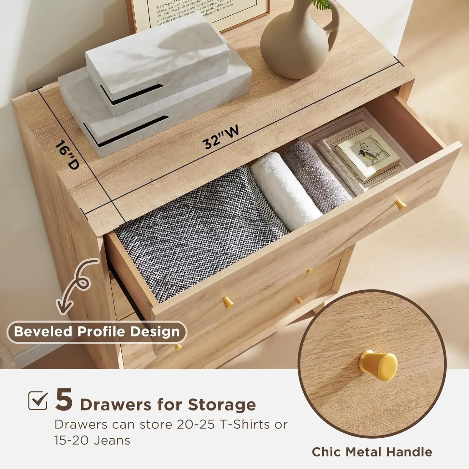 5 drawer dresser for bedroom 48’’ tall mid-century modern chest of drawers beveled profile design wood organizer