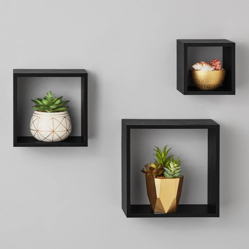 Modern black wood cube shelf set stylish floating storage easy installation home office décor 3 piece holds 5lbs each