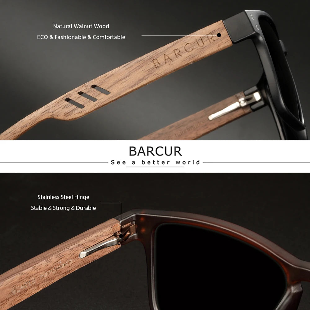 Barcur original design wooden sunglasses polarized luxury brand square sun glasses fashion light weight eyewear