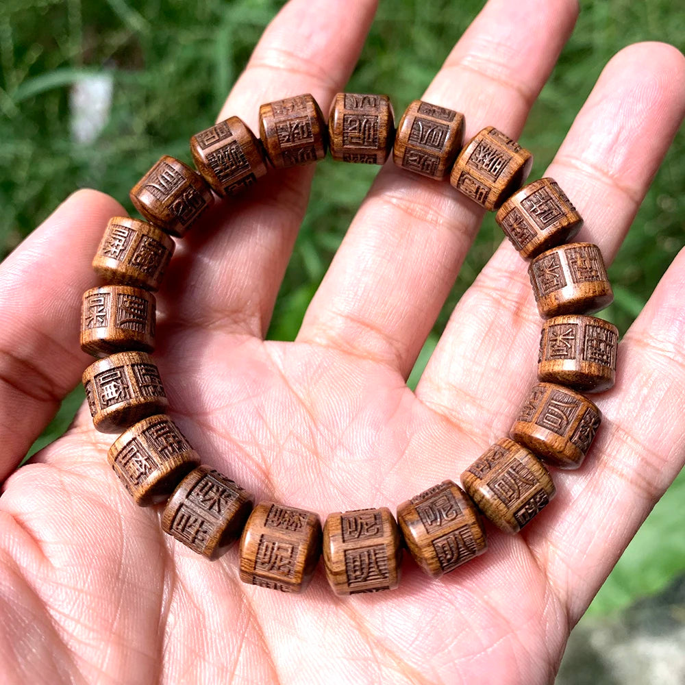 Carved buddha beads six paths wood wooden bracelet reciting hand chain cus made real mantra jewelry - engraved [om mani