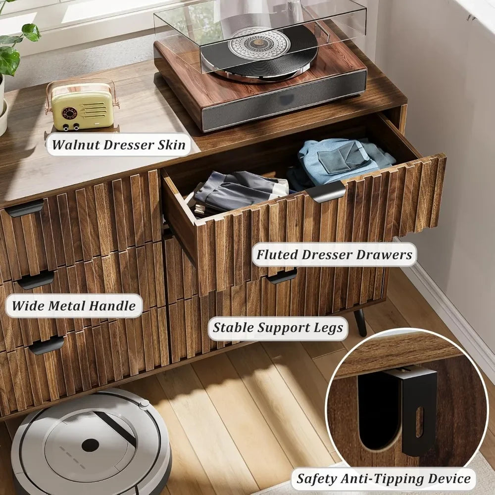 6 drawer dresser for bedroom 47.2’’ w walnut chest of drawers with fluted panel modern double closet wooden tv sta