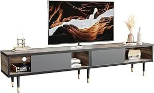 Mid century modern tv stand for 85 inch tv entertainment center with storage and sliding doors 2 in 1 long cabinet liv
