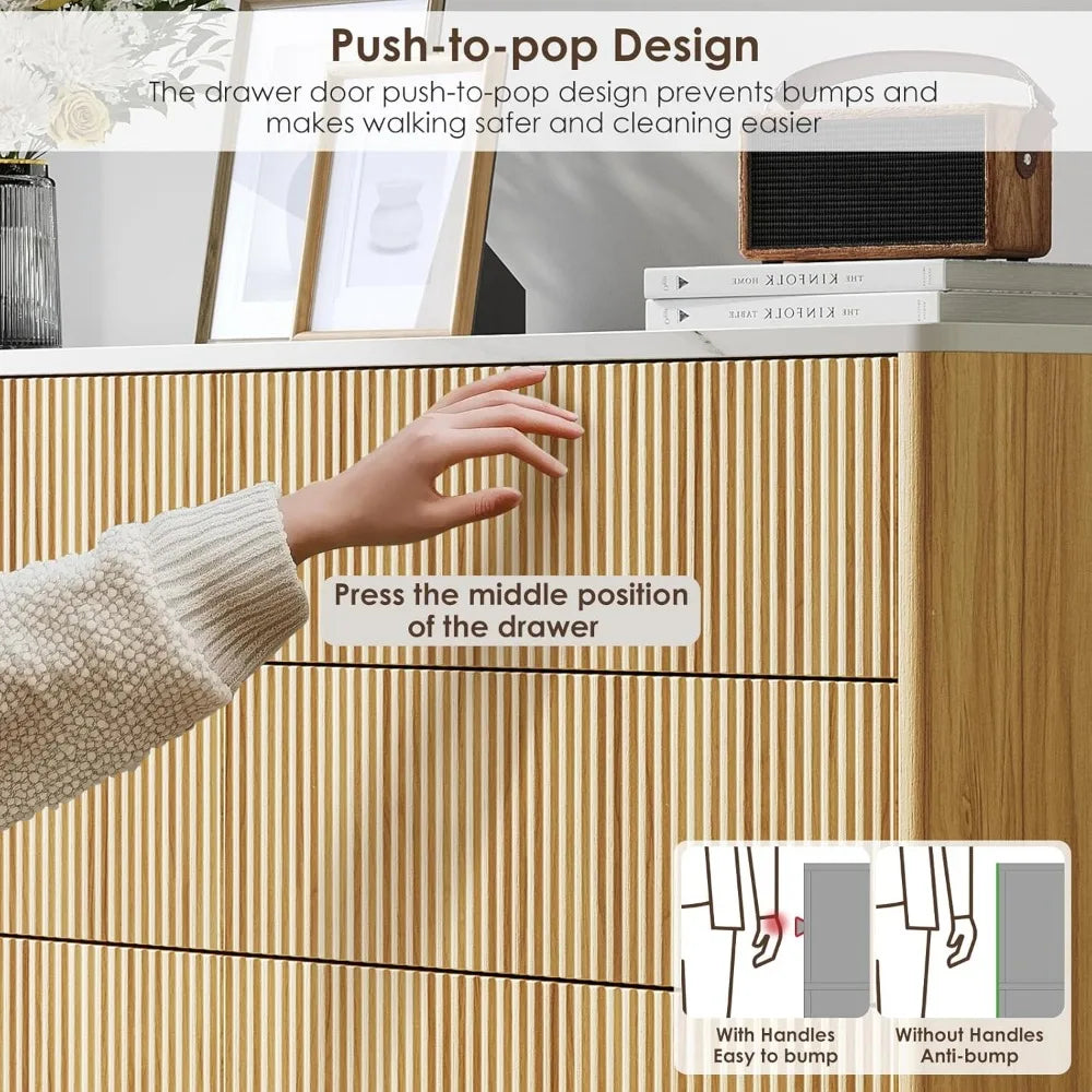 Fluted 6 drawers dresser for bedroom,52’’ wide handleless chest of with faux marble top wooden tv stand wood dr