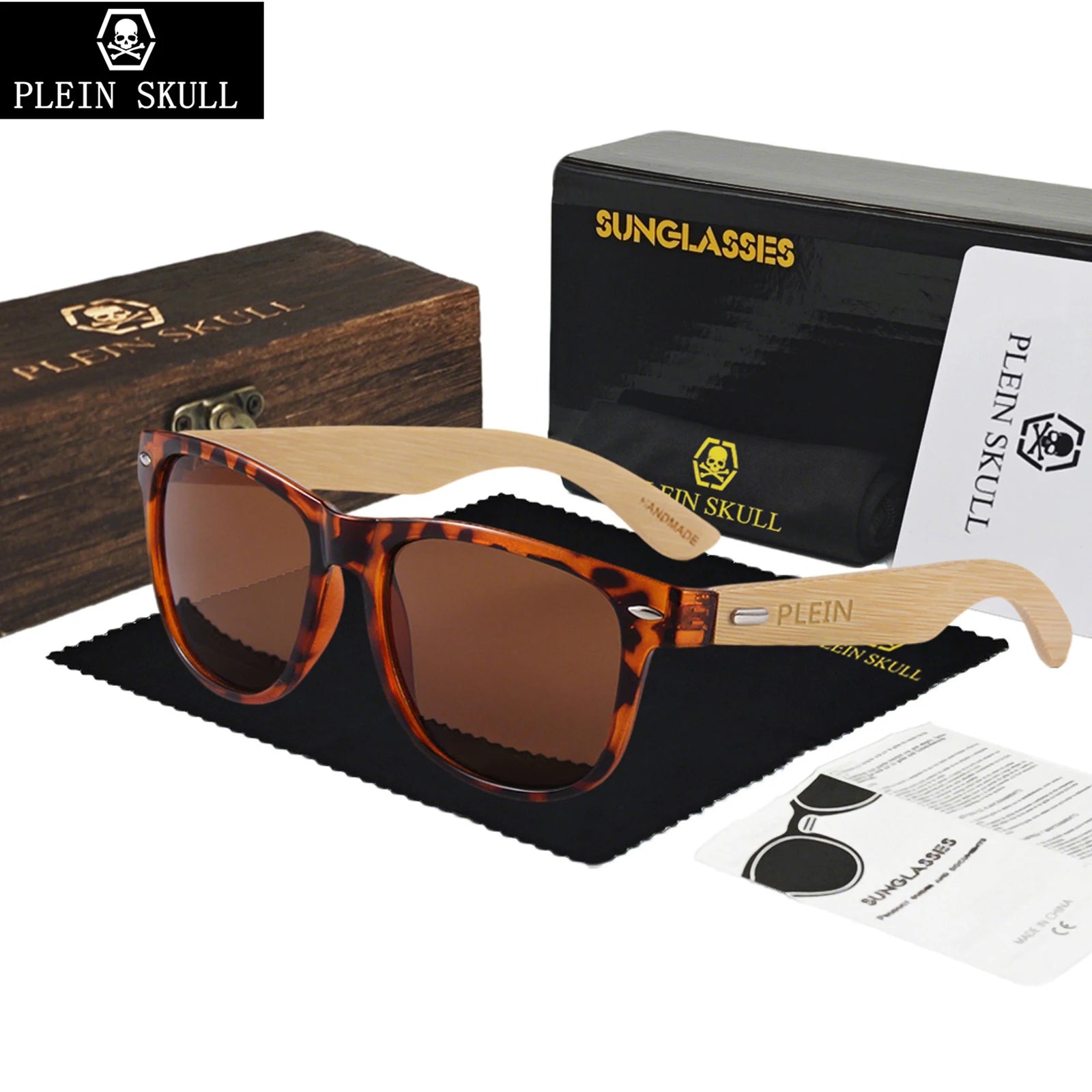 Plein skullhigh quality fashionable wooden sunglasses men retro bamboo leg glasses women’s sun protection rice nail