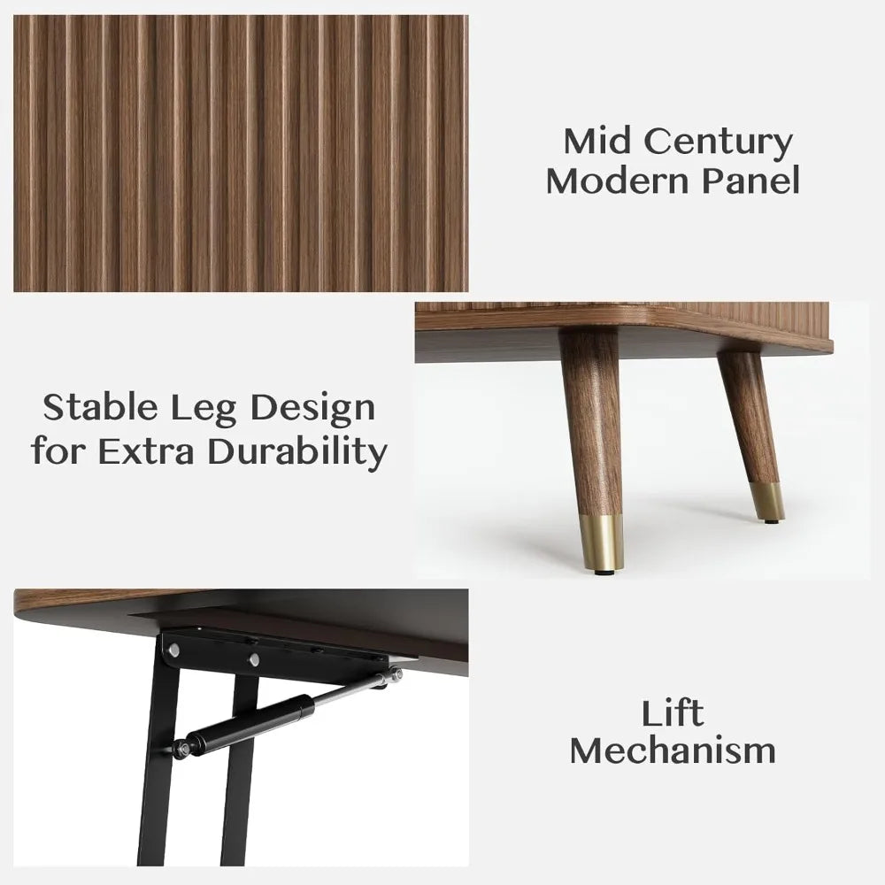 Lift top coffee table with storage,mid century modern table,fluted wood rectangle center for living room,office