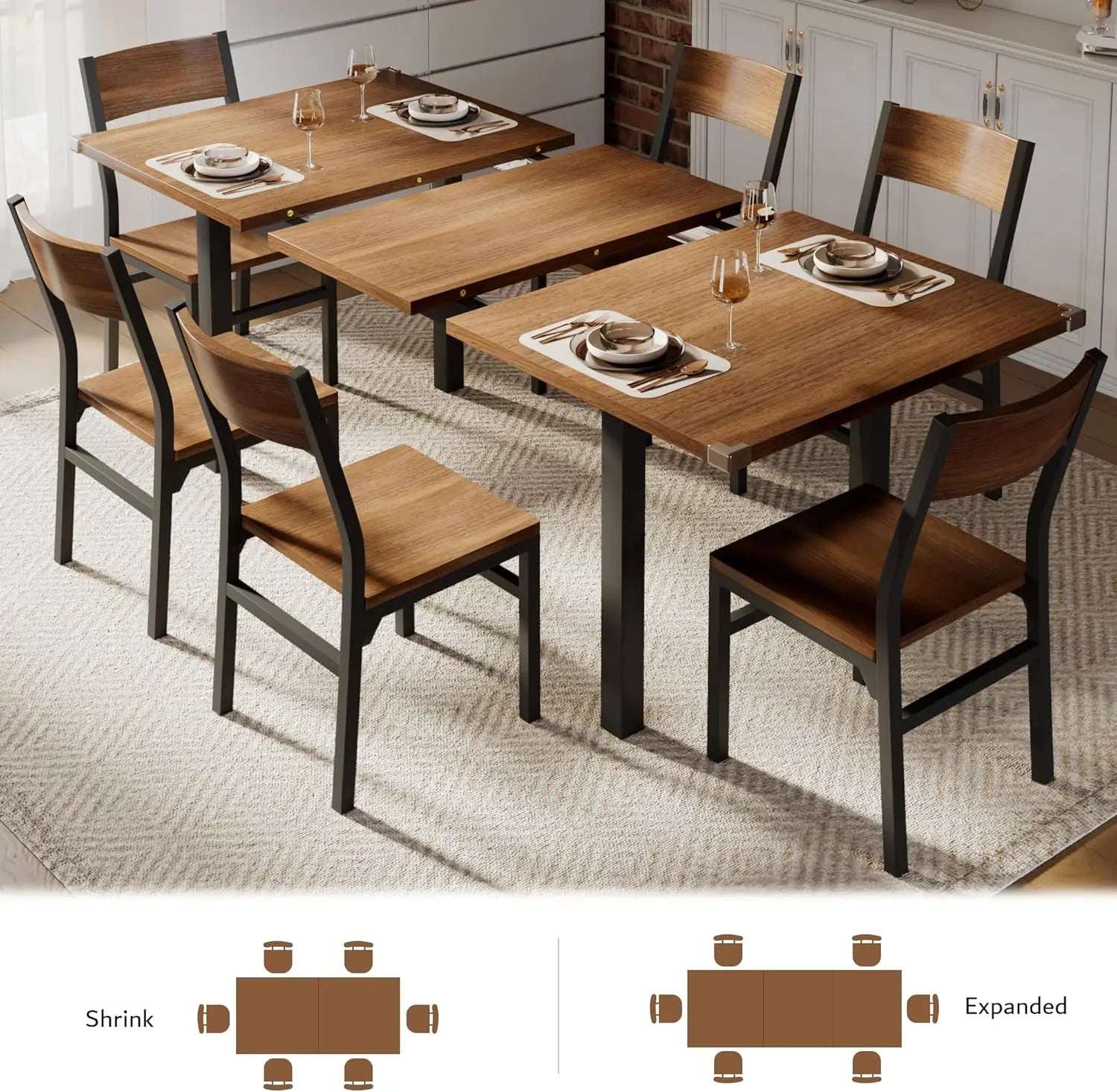 7-piece dining table set with 6 chairs 63’’ extendable kitchen & for 4-6 roomtable solid metal - united states