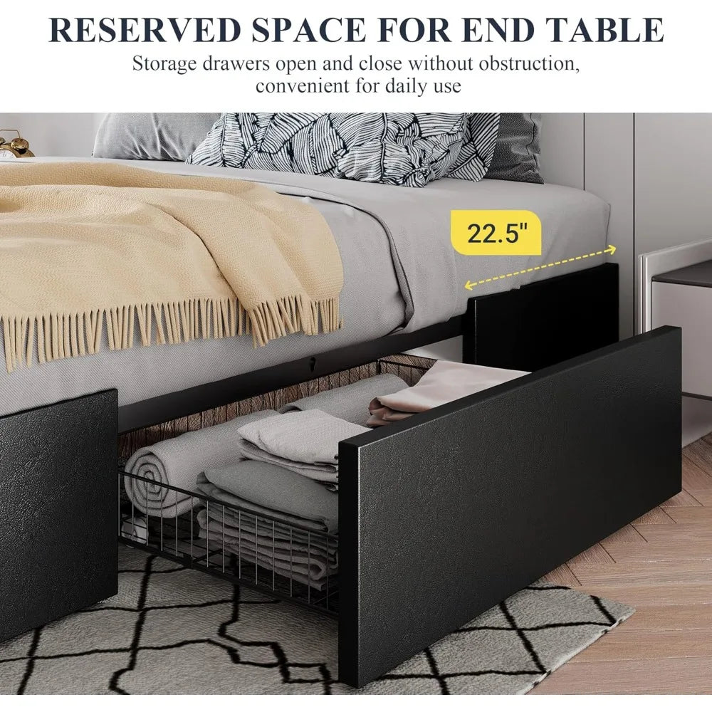 Allewie queen size platform bed frame with 3 storage drawers faux leather upholstered wooden slats support no box