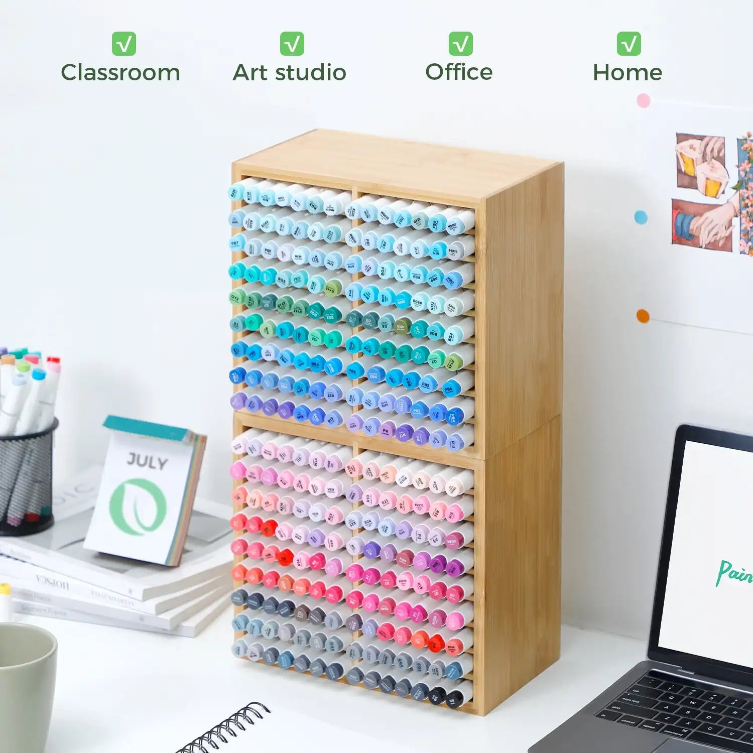 Ohuhu bamboo marker organizer wooden desktop storage hold 126 markers pens pencils art brushes stationary pen holder