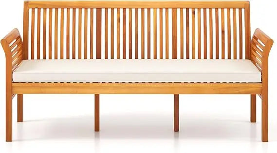 3-person outdoor bench acacia wood porch garden with high backrest curved armrests & seat cushion for backyard de