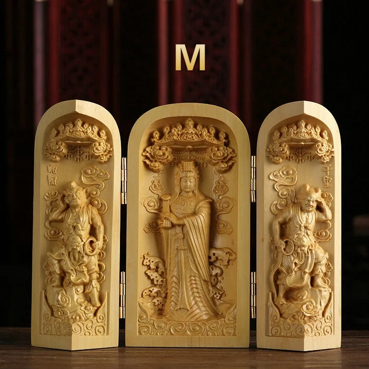 1pc exquisite boxwood carving guanyin buddha statue western sansheng wood crafts home decoration - m - religious