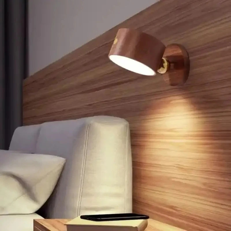 Wooden indoor bedroom living room wall mounted lamp down touch usb charging 360 degree rotating magnetic sconce light