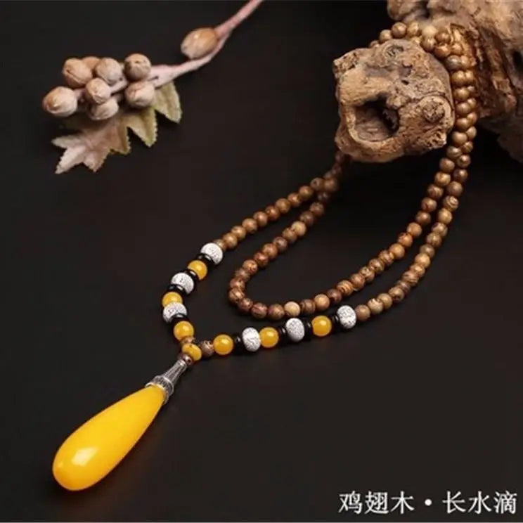 Chinese style minimalist wooden necklace long buddha bead sweater chain versatile personalized pendant men’s