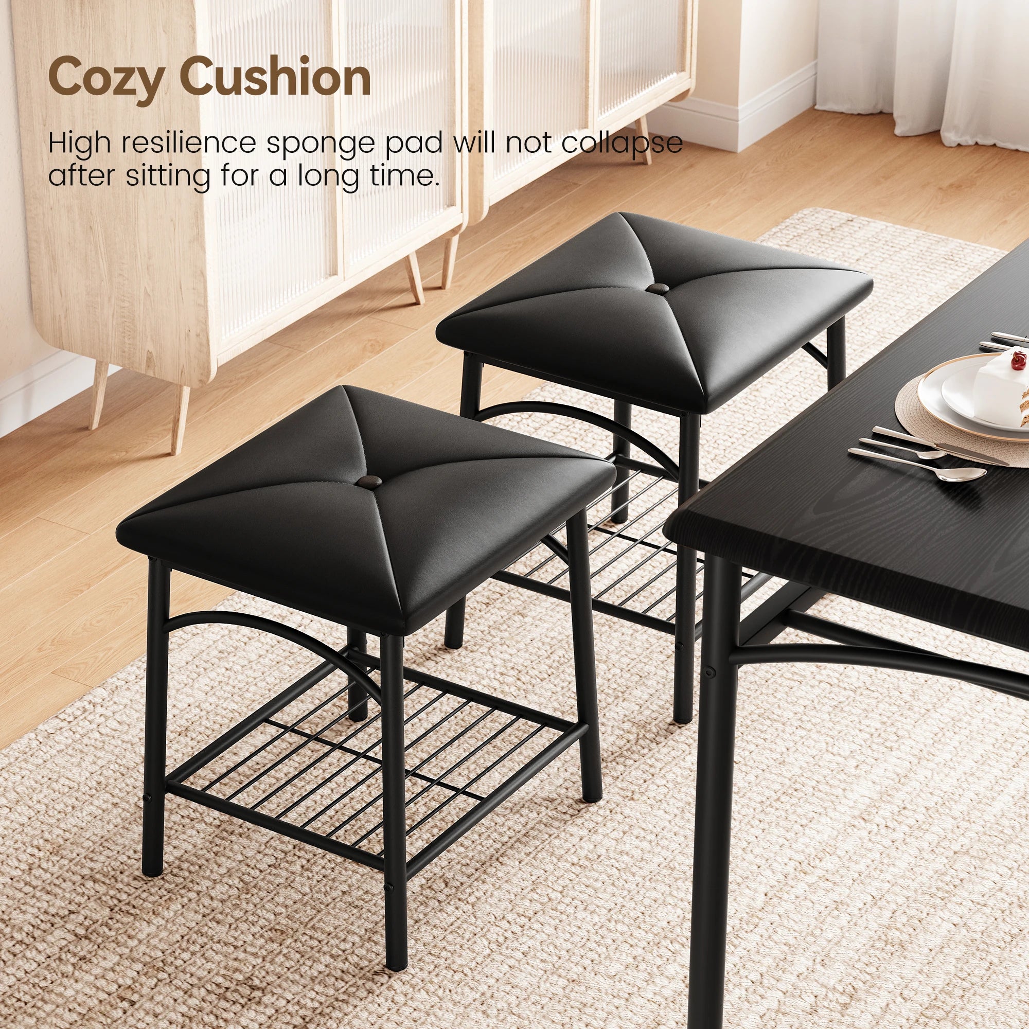 Dining table set for 4 kitchen with upholstered bench and square stools metal wood room