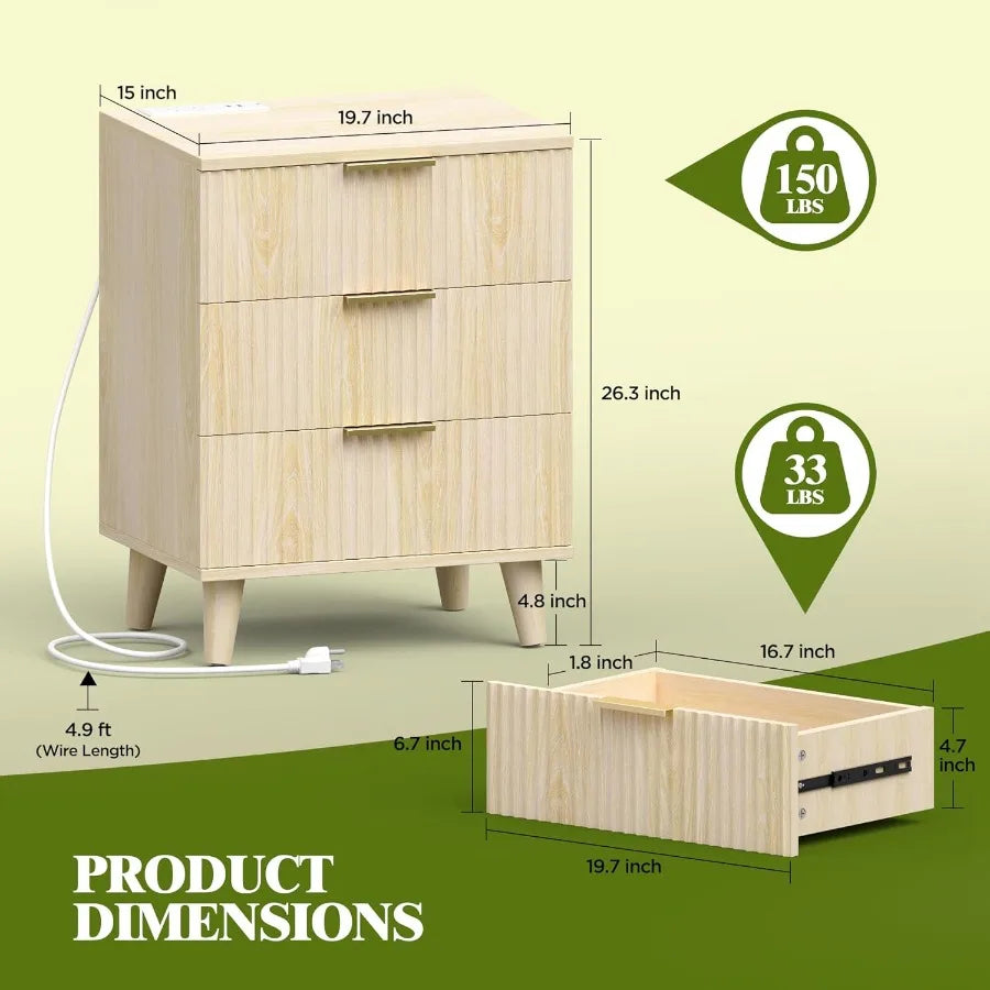 Fluted nightstand with usb charging station 3 drawer dresser wood modern night stand bedside table quiet drawers large