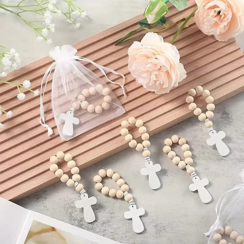 1/6/12pcs wooden rosary wood bulk catholic with crucifix cross pendant white mesh bags for baptism first communion