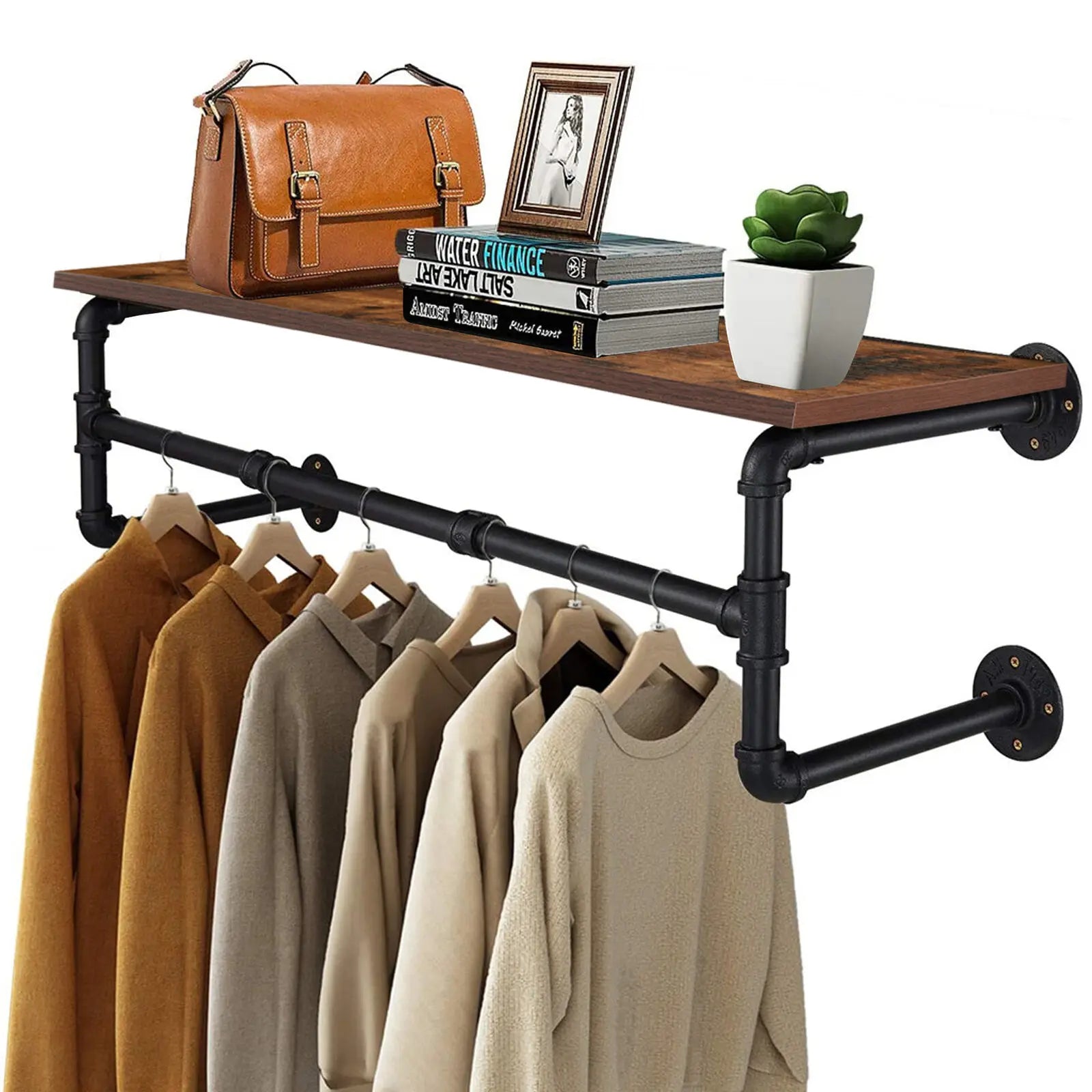 Industrial pipe clothing rack wall mounted wood shelf shelving floating shelves retail garment display racks