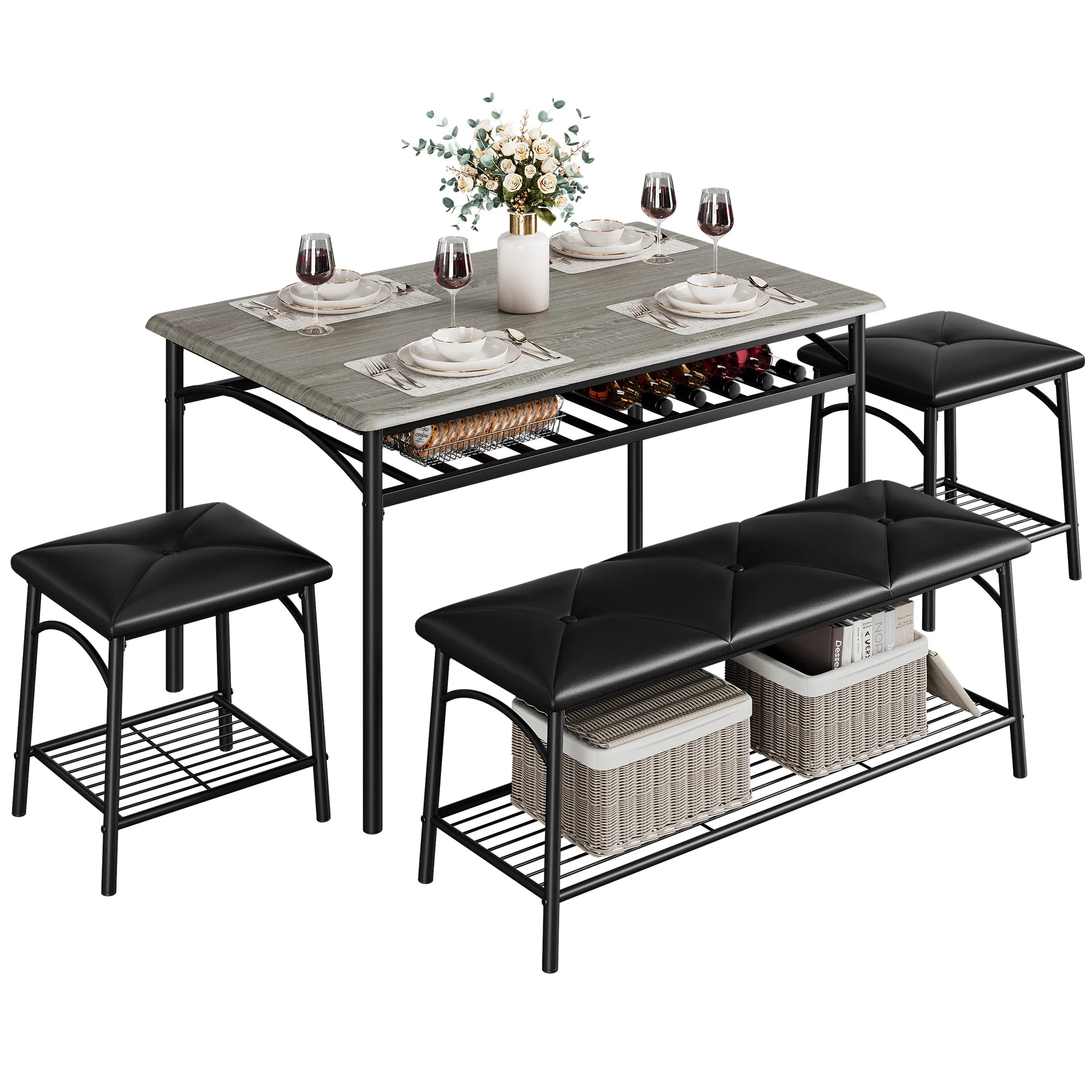 Dining table set for 4 kitchen with upholstered bench and square stools metal wood room - grey set / united states
