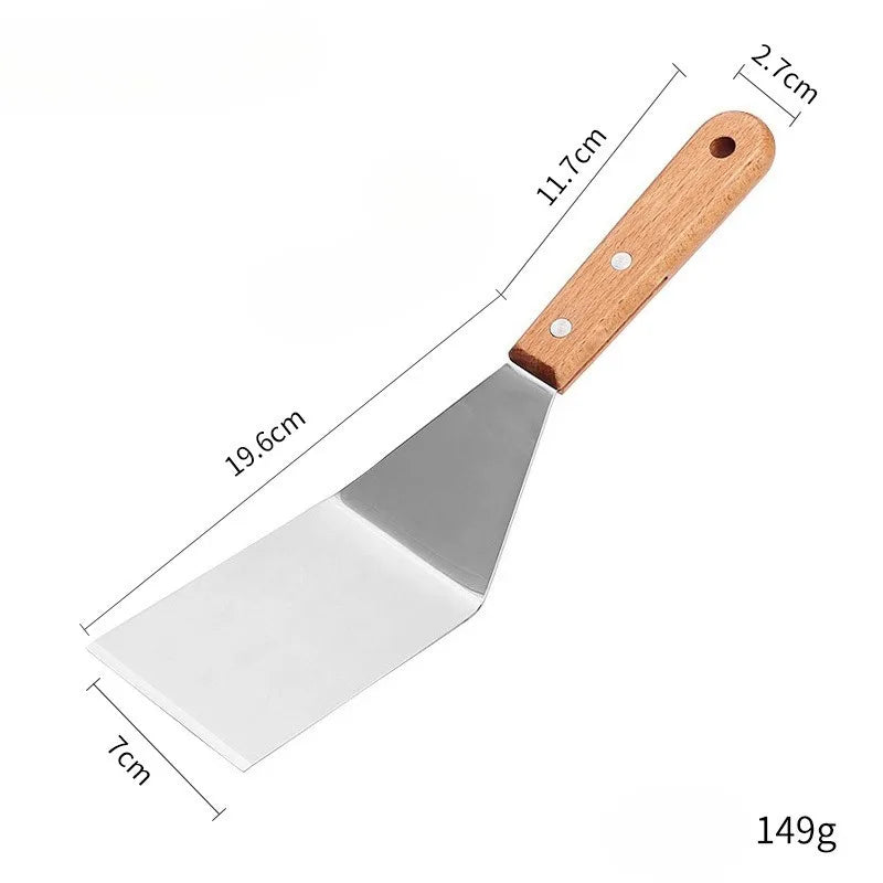 Stainless steel wooden handle cooking spatula steak pancake frying shovel teppanyaki scraper barbecue tool kitchen