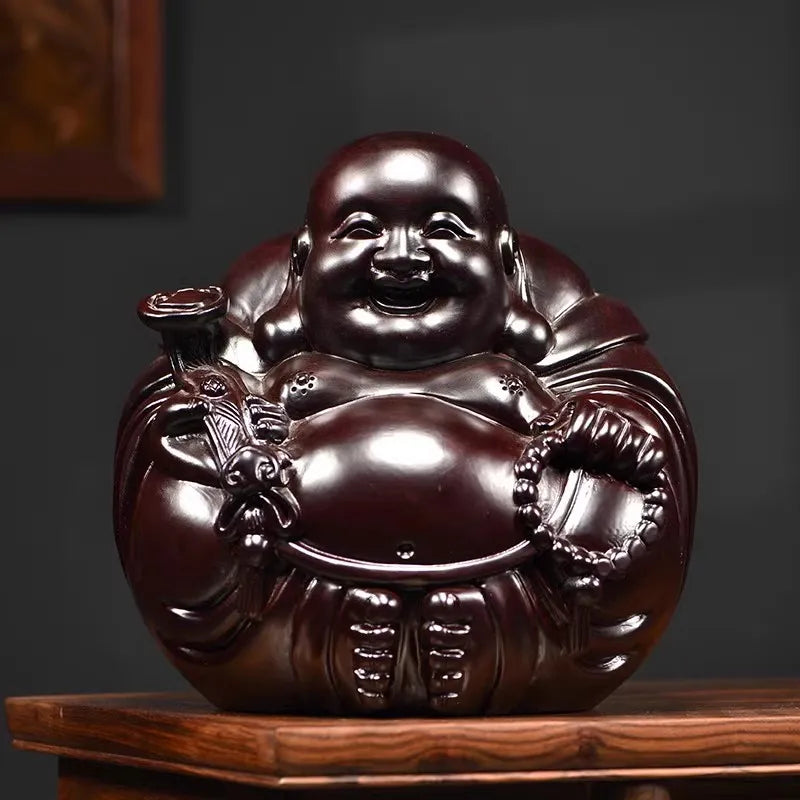 Handcrafted black sandalwood laughing buddha statue - happy maitreya figurine feng shui gift for good luck & harmony