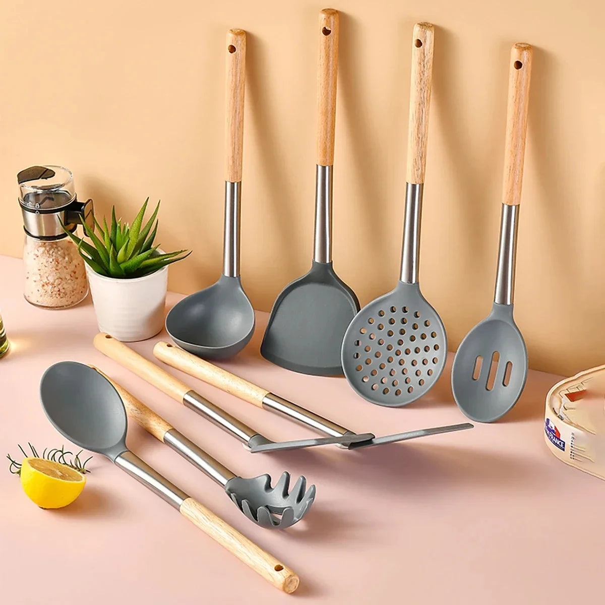 8pcs-silicone-kitchenware-set-non-stick-wooden-handle-kitchen-utensils-anti-slip-spatula-shovel-spoon-spaghetti-claw-cooking-set