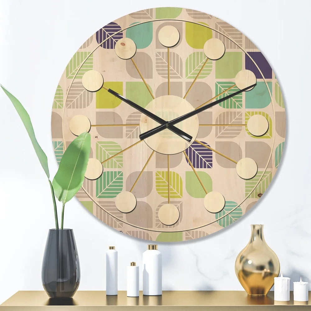 Mid-century modern wood wall clock geometric pattern natural pine art ready to hang unique home decor with battery