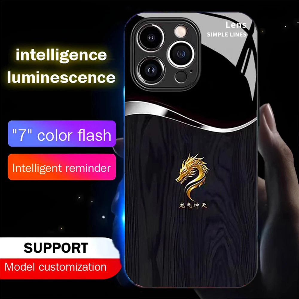 Luxury wood grain dragon luminous glass led call light up flash phone case for iphone air 17 16 e 15 14 13 12 11 pro