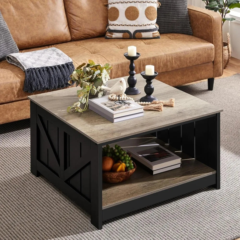 Square wooden coffee table with storage for living room 31.5 inches dining center - united states / gray and black