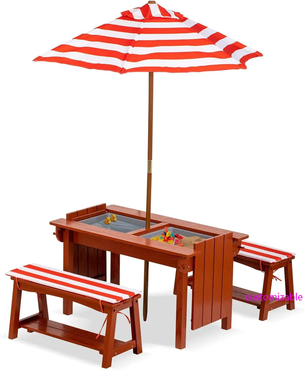 Kids picnic table with umbrella outdoor wooden & bench set w/cushions 2 removable boxes 4-in-1 children sand - united