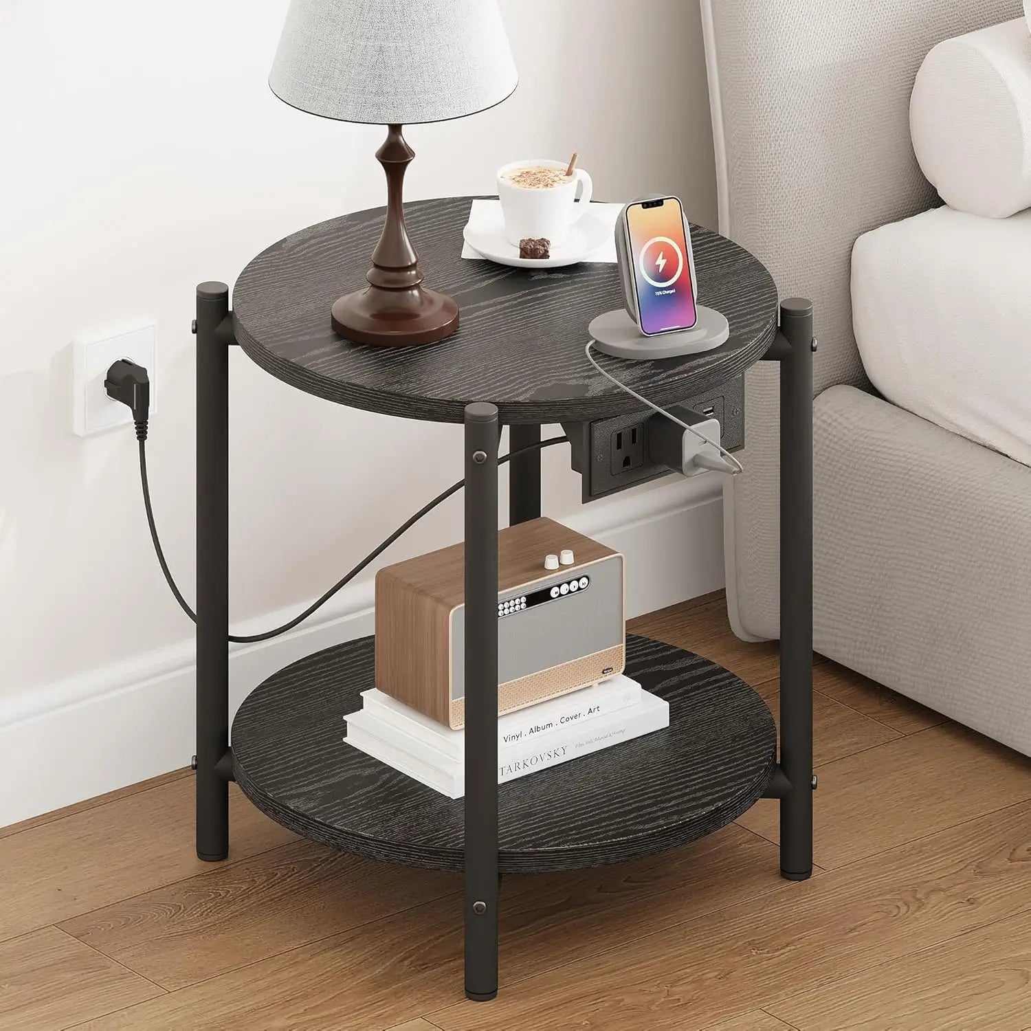 Likimio side table set of 2,15.8’’ w modern wooden nightstand for small spaces round & with charging station,bedroom