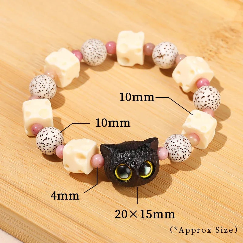 Jd natural wooden bodhi beaded cut cat paw bracelet women men cartoon handmade stretch bangles couple girls jewelry