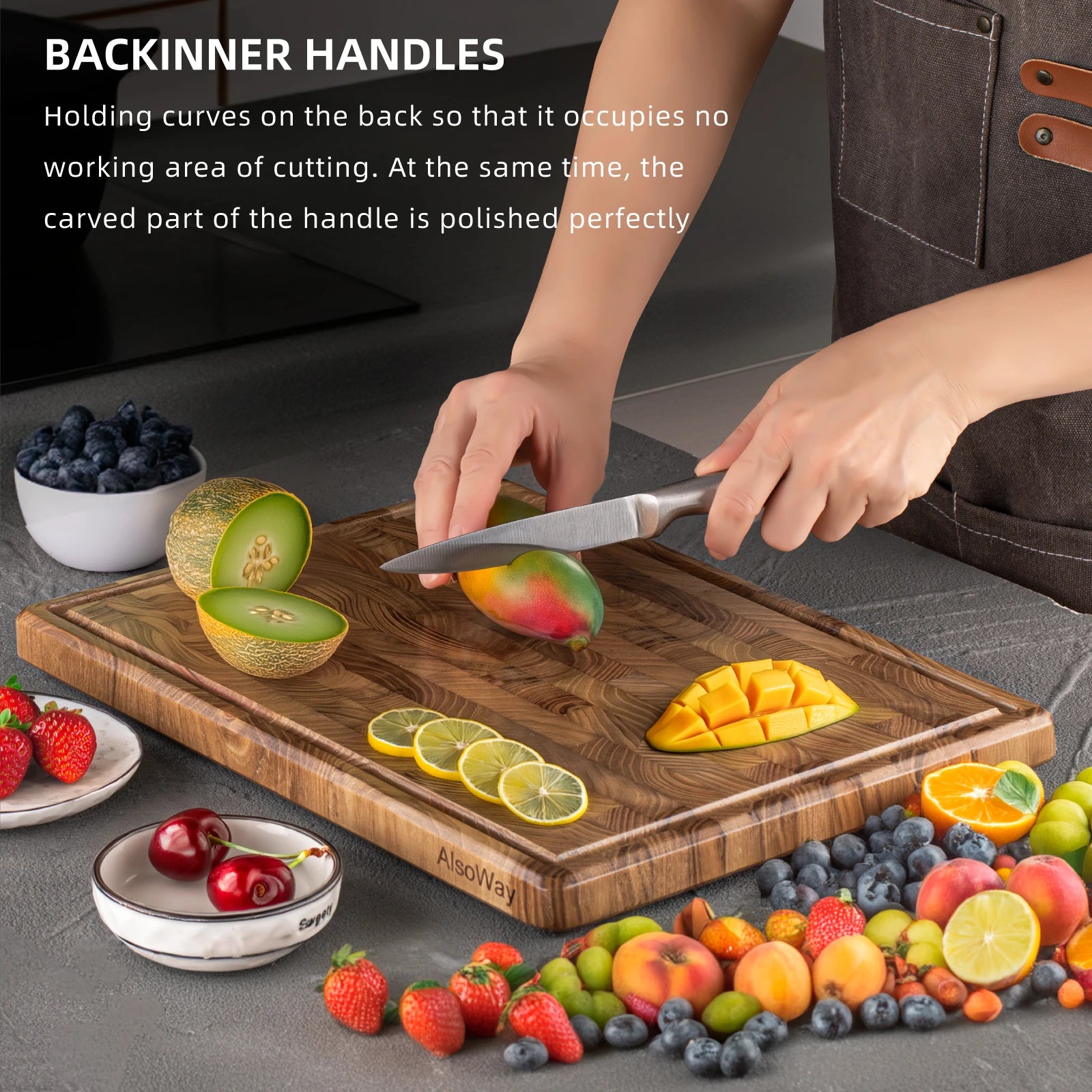 Teak wooden end grain cutting board butcher block chopping multipurpose for kitchen with juice groove & inner handles