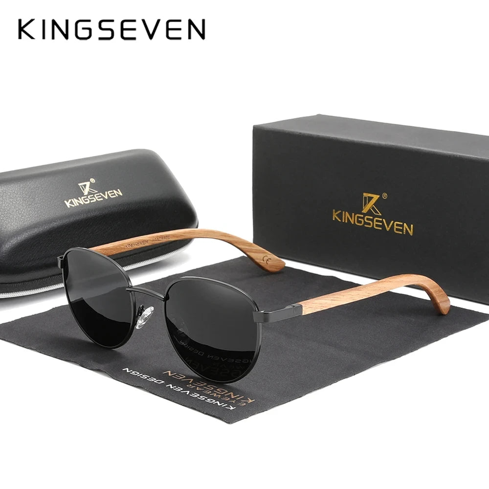 Kingseven round new sunglasses wooden polarized uv400 protect glasses hd tac lens for men women handmade gift eyewear