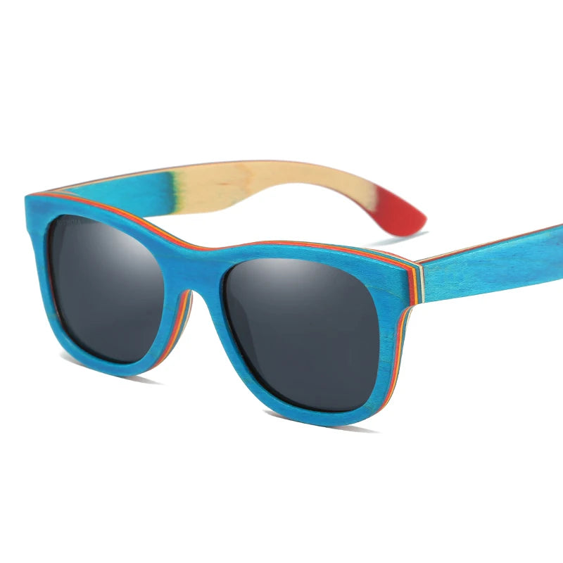 Gm skateboard wooden sunglasses blue frame with coating mirrored bamboo uv 400 protection lenses in w033 - black / other
