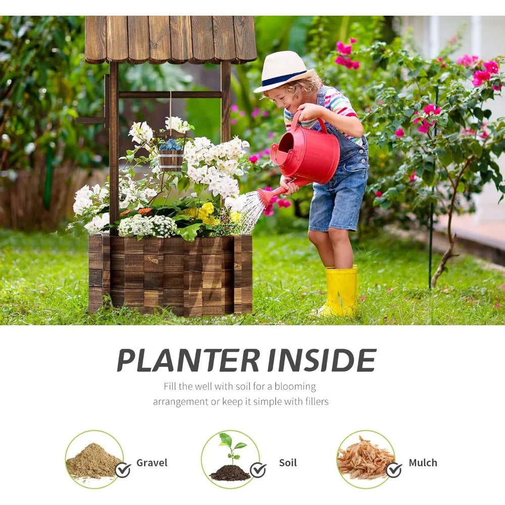 Oneinmil outdoor wooden wishing well planter with hanging bucket for flower and plants home decor patio,garden