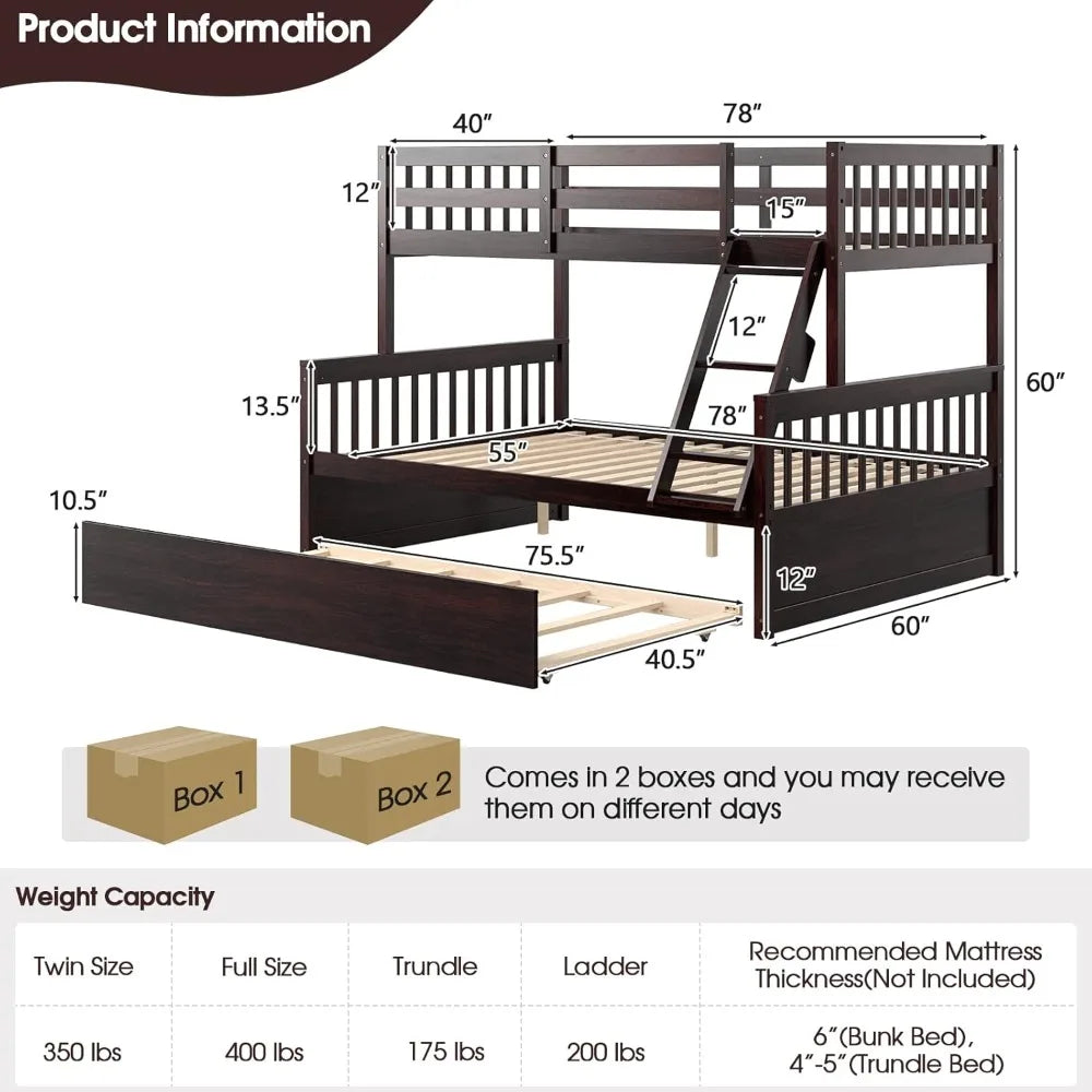 Wood twin over full bunk bed with trundle frame solid pine space-saving ladder & safety