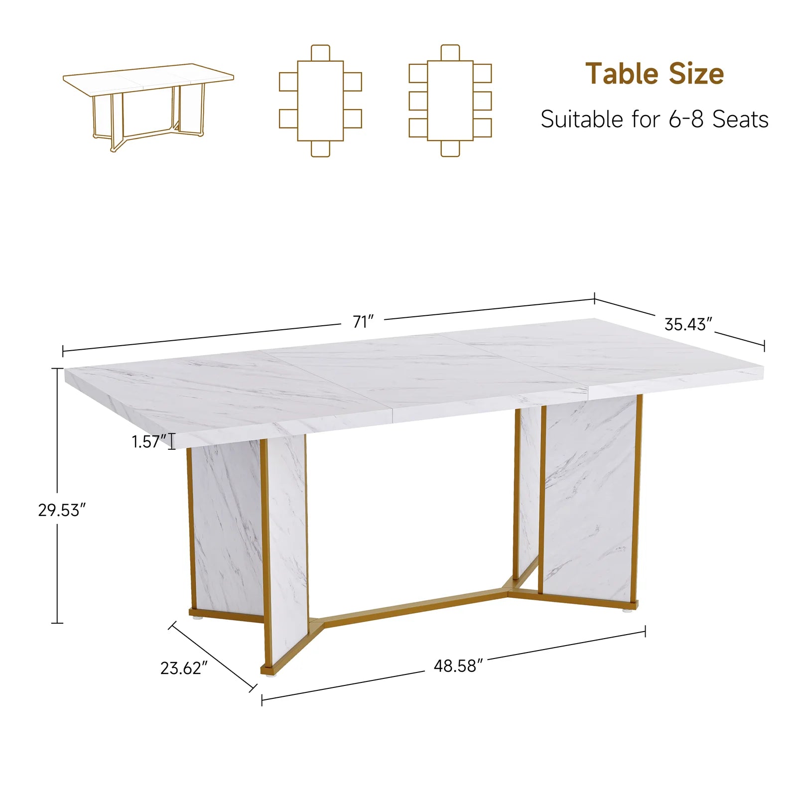 71 inch rectangular dining table for 6 to 8 people white marble wooden kitchen large dinner with gold - united states