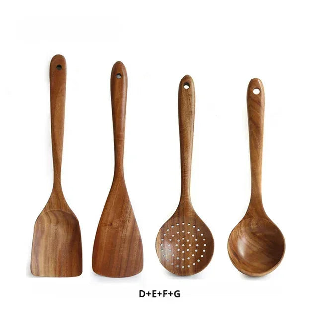 Wooden spoon natural tableware teak wood nanmu super long cooking kitchen utensils for tools - 4pcs