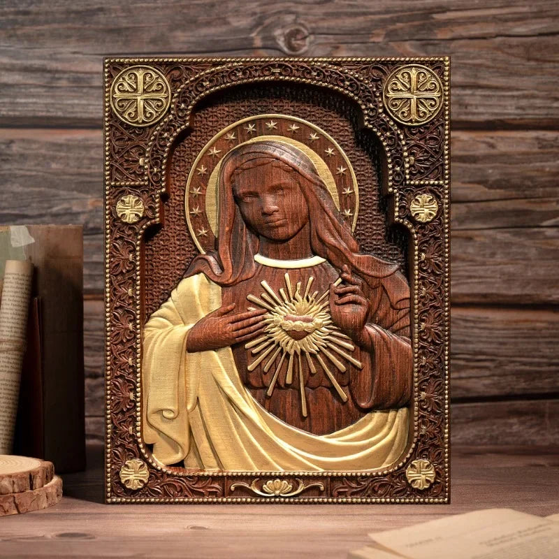 Vintage religious church virgin mary sacred heart wood sculpture catholic saint image home decoration - gold / 25cm