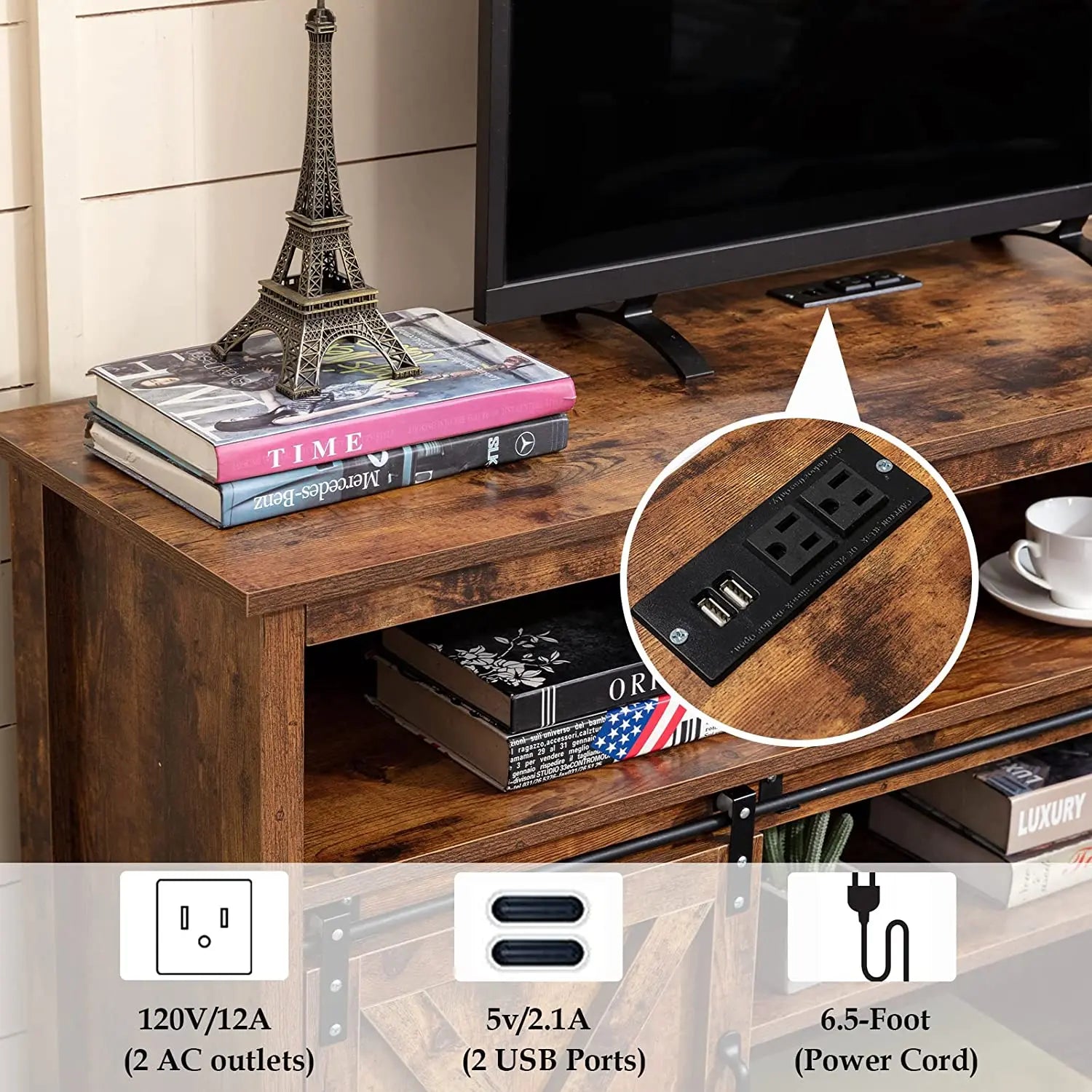 Tv stand farmhouse coffee bar cabinet rustic sliding barn door storage with power outlet & led light 57’’ wooden cabi