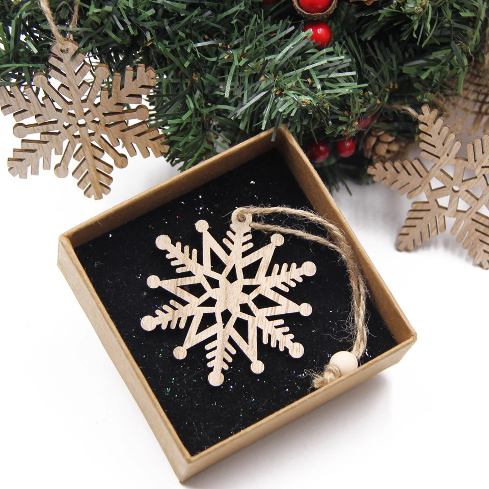 12pcs/box wooden hollow snowflake christmas vintage pendants xmas hanging ornaments for noel tree decorations diy