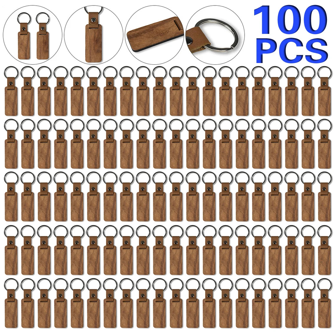 100pcs blank wood keychains pu leather keychain rectangular key chain