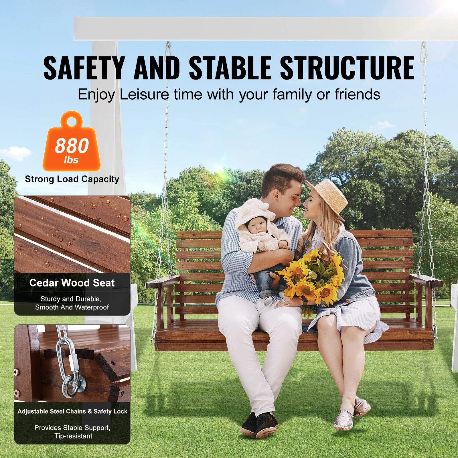 Succebuy wooden porch swing 5 ft patio bench swing for courtyard garden upgraded 880 lbs strong load capacity chair