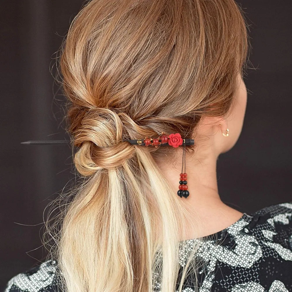 Waydress 4 pcs asian hair stick accessories for women chinese japanese chopsticks clips retro geisha red wooden cherry